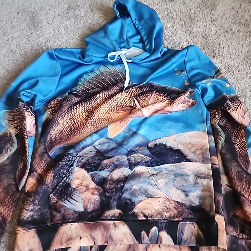 BianYe Long Fish Pouch Pocket Hoodie Walleye, Crappie, Perch Sz XLg Unisex